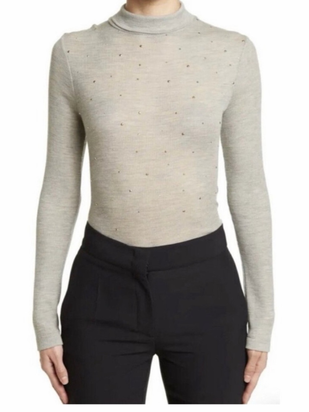 St. John wool blend turtleneck sweater with gold and silver studs